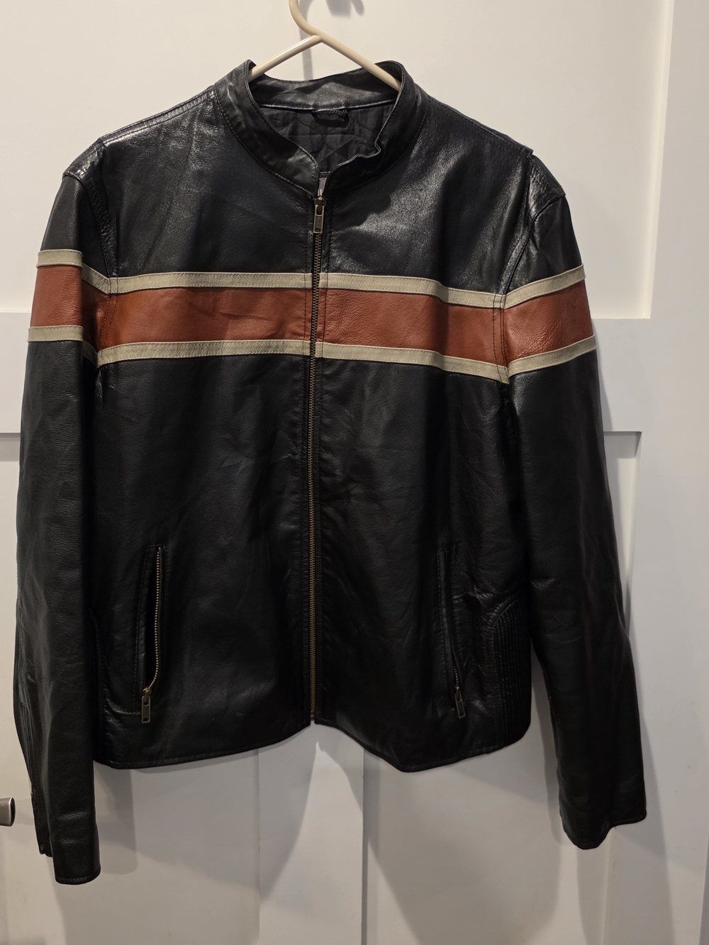 Wilsons Leather Black Leather Bomber with Brown and Cream Stripes